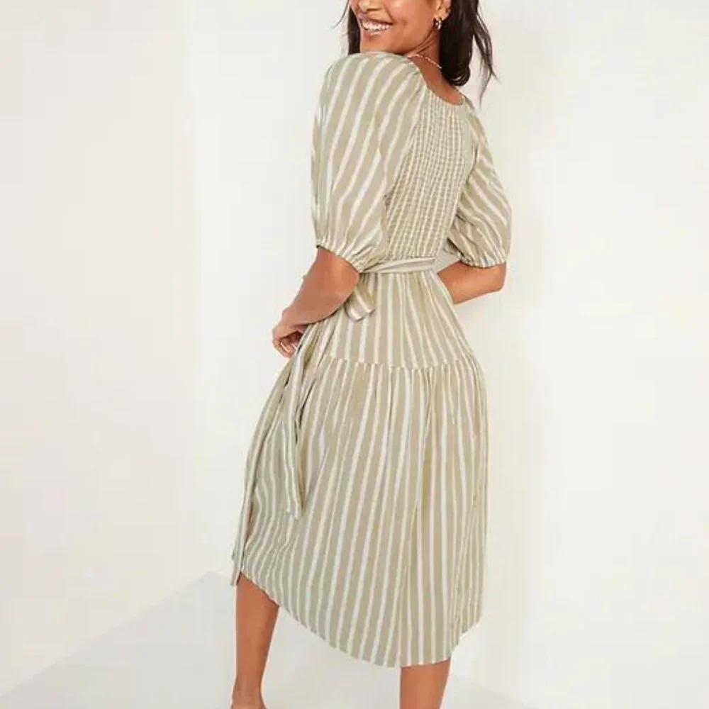 Old Navy Waist-Defined Striped Tie-Belt Midi Wrap Dress for Women New - Picture 2 of 2